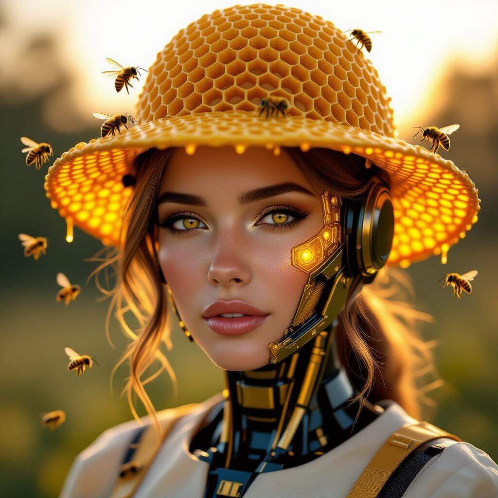 Android Beekeeper with Honeycomb Hat in Golden Hour Light