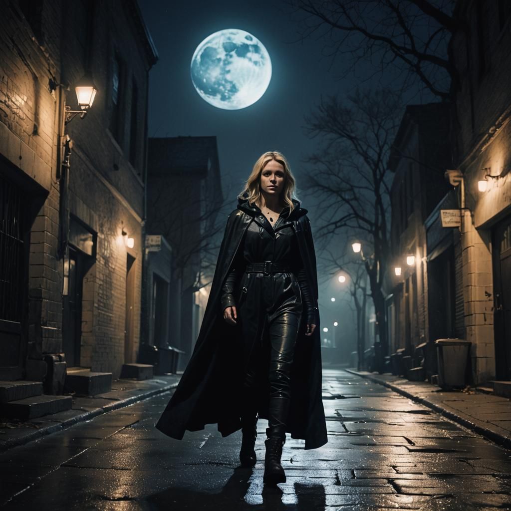 Eerie Woman in Cloak Under Moonlight