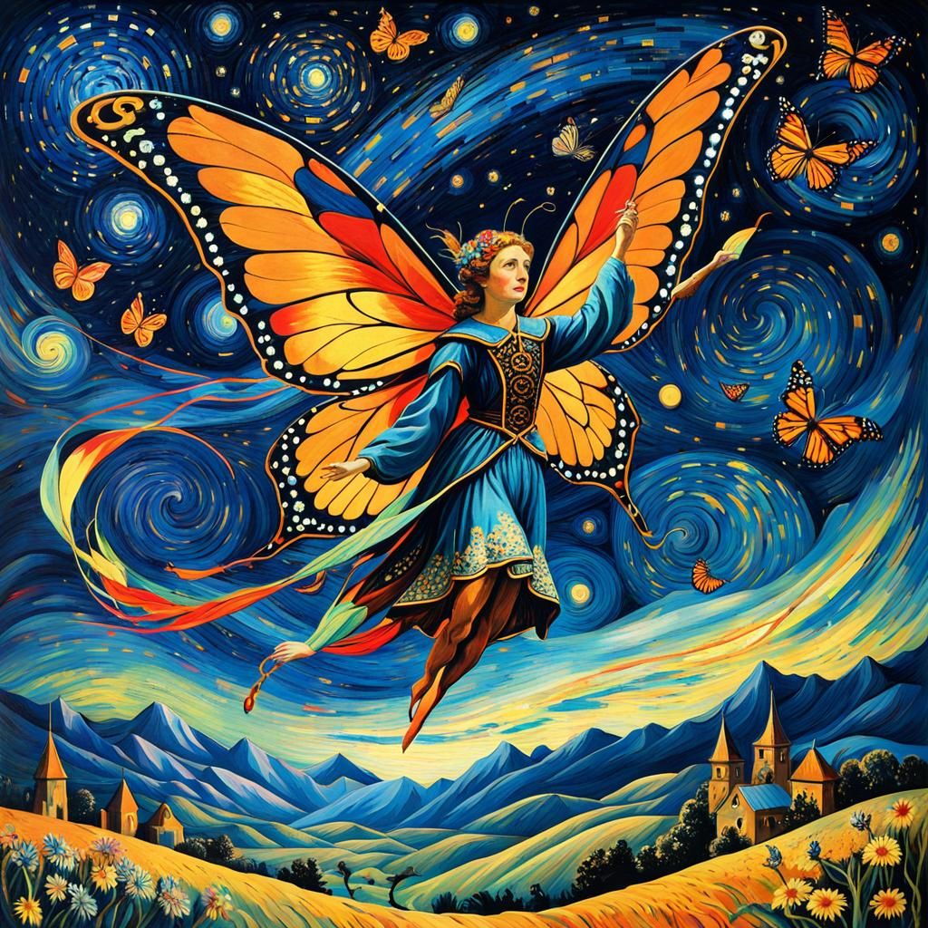 Fairy with Kite Soaring in Starry Night, Van Gogh Style