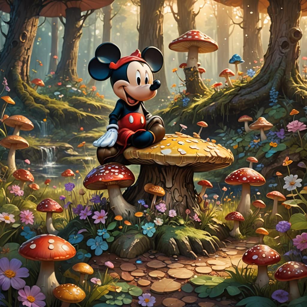 Mickey Mouse in Whimsical Forest, Art Nouveau Style