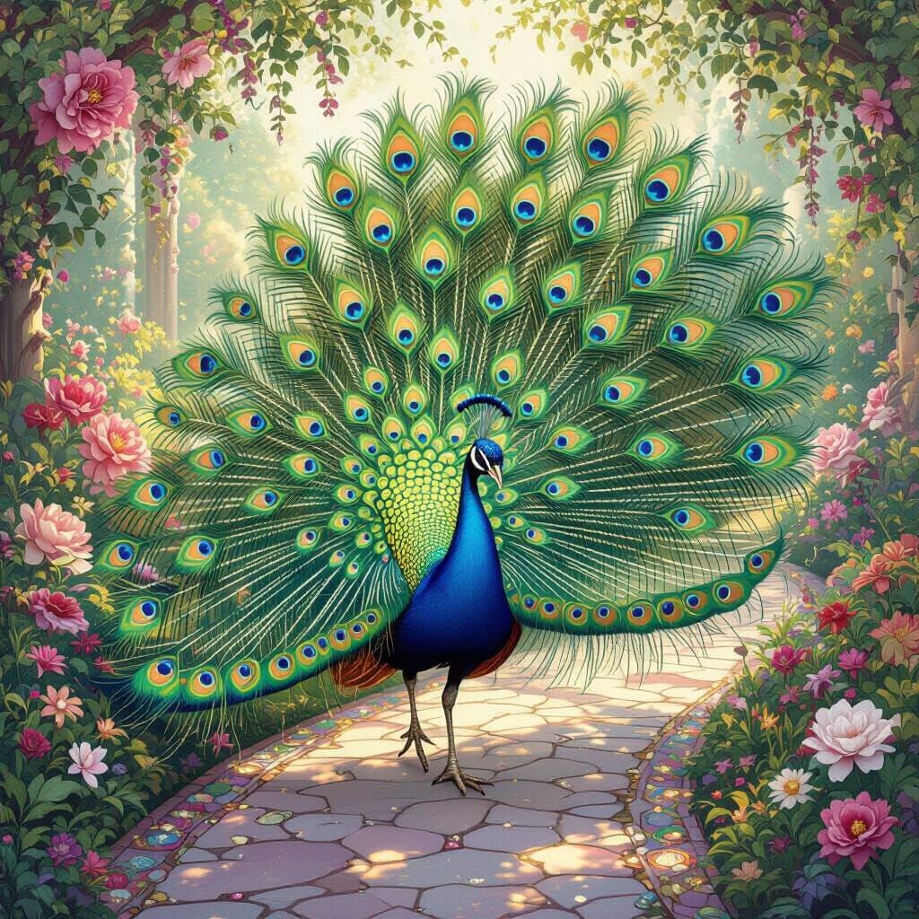 Majestic Peacock Struts on Jewel Road in Fairytale Garden