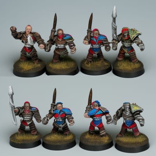warhammer miniature of a row of Orc fighters, hand painted, plastic, detailed, white background, studio lighting, produc...