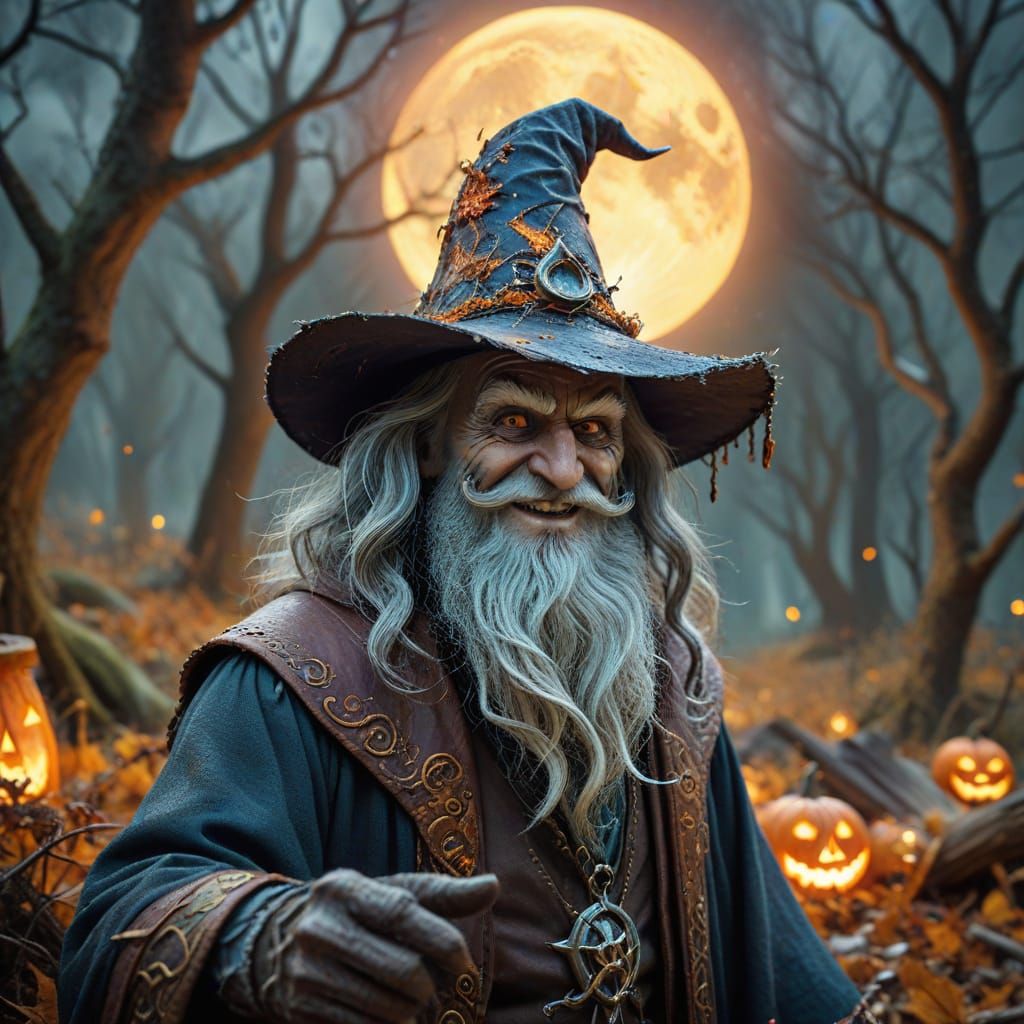 Anthropomorphic Wizard Conjures Autumn Vortex in Ancient For...