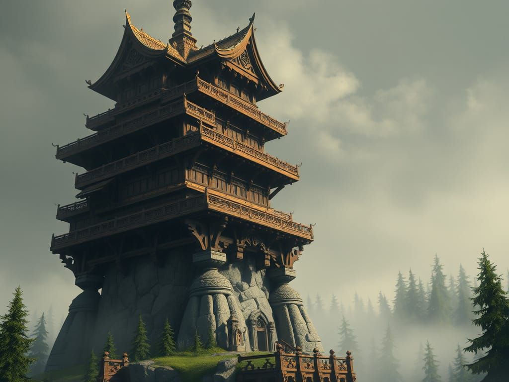 Majestic Wooden Tower Above Misty Forest in Whimsical Style
