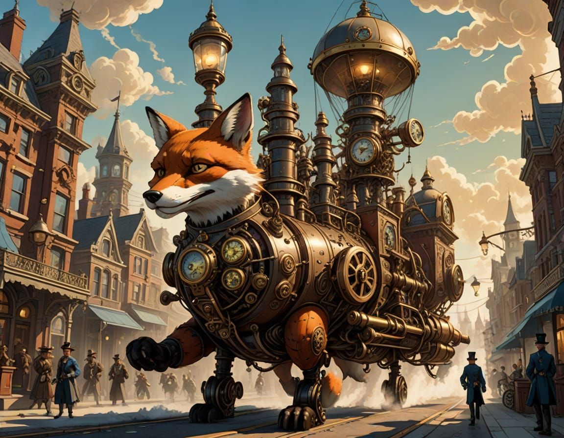 Steampunk Mechanical Fox in Victorian Clockwork City