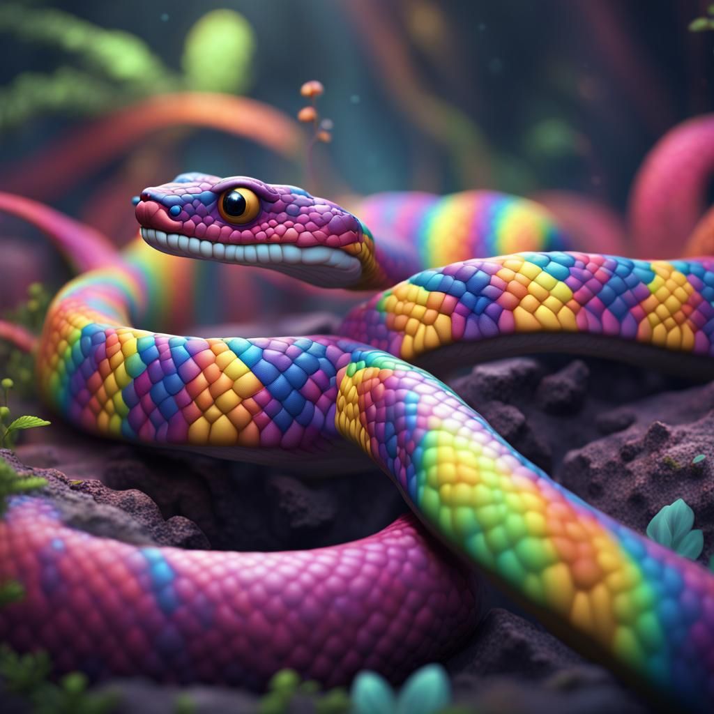 Kawaii Rainbow Snake in Detailed Matte Painting