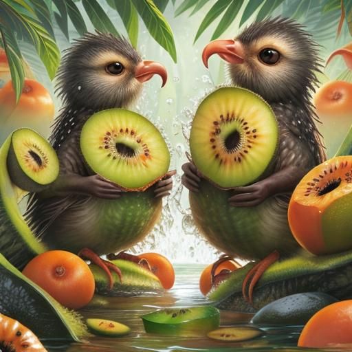 Kiwi Bird on Kiwi Fruit Splash: Photorealistic Painting