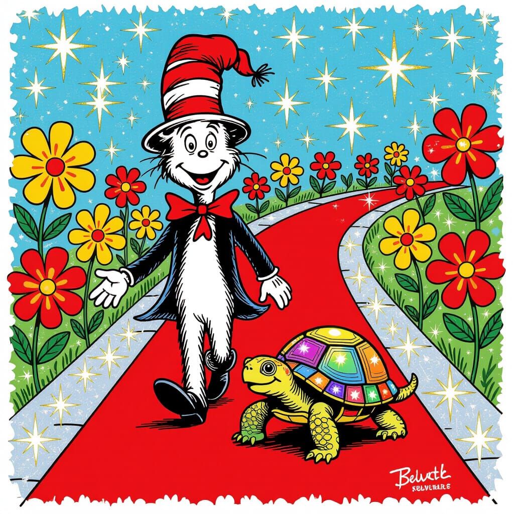 Whimsical Dr. Seuss Style Illustration of Person on Red Carp...