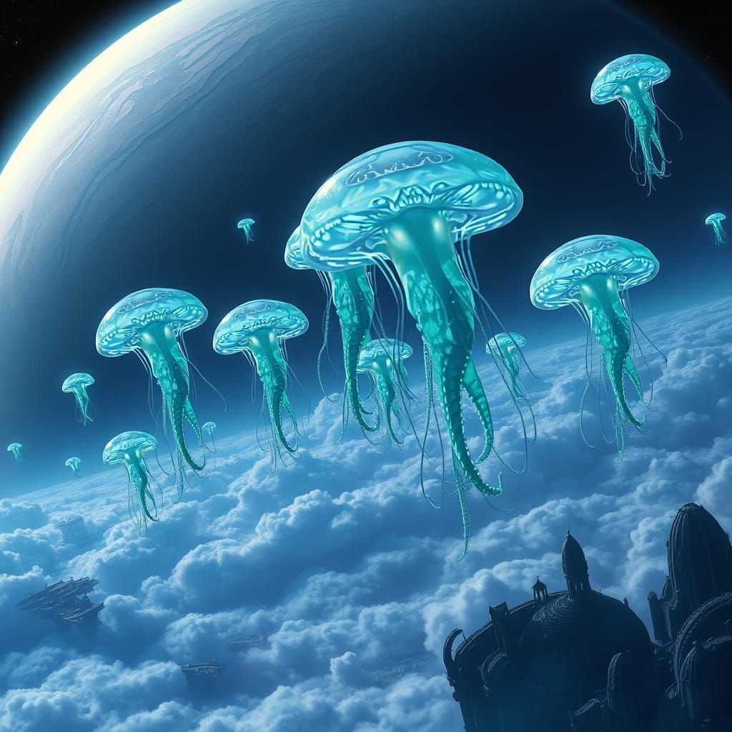Bioluminescent Jellyfish Fleet Over Gas Giant