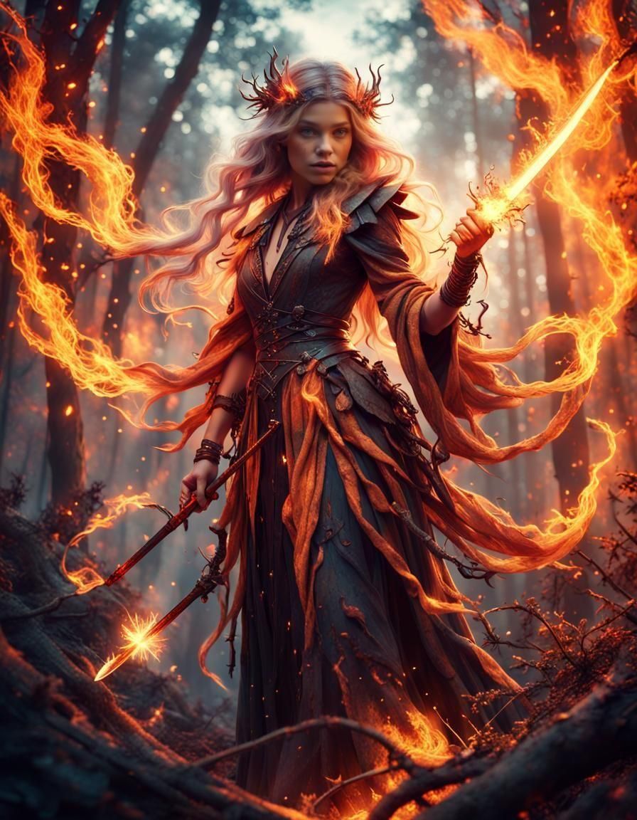 Fiery Bohemian Witch Casting Magic, Digital Matte Painting