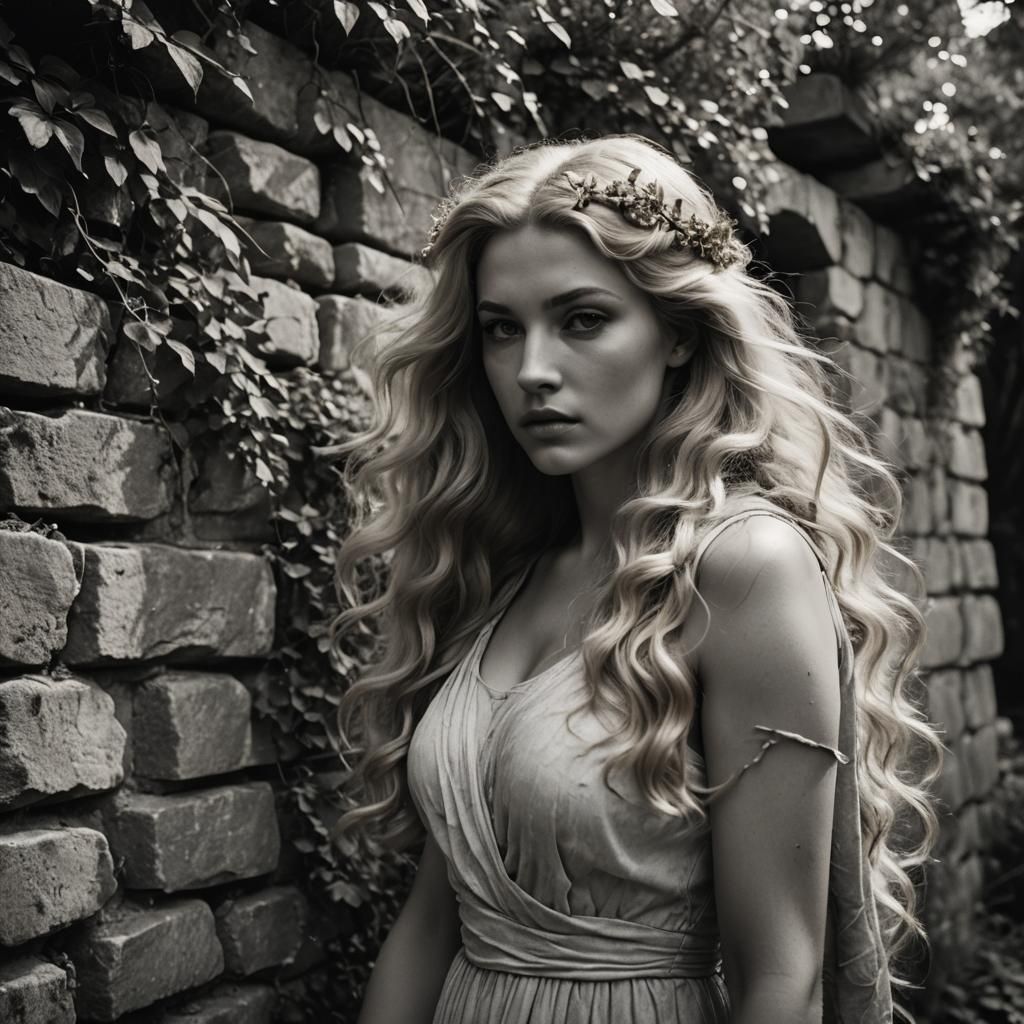 Her back to the camera, subtle smirk, standing infront an ol...