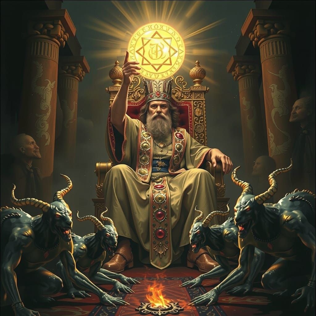 King Solomon Conquers Demons with the Seal of Solomon in Gol...