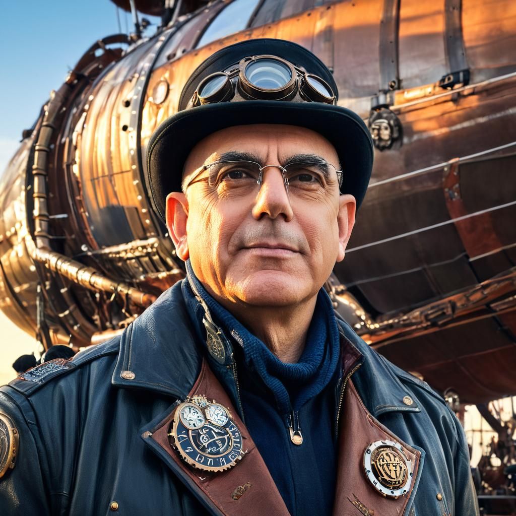 A daring, weatherworn steampunk engineer stands proudly before a majestic steampunk airship.