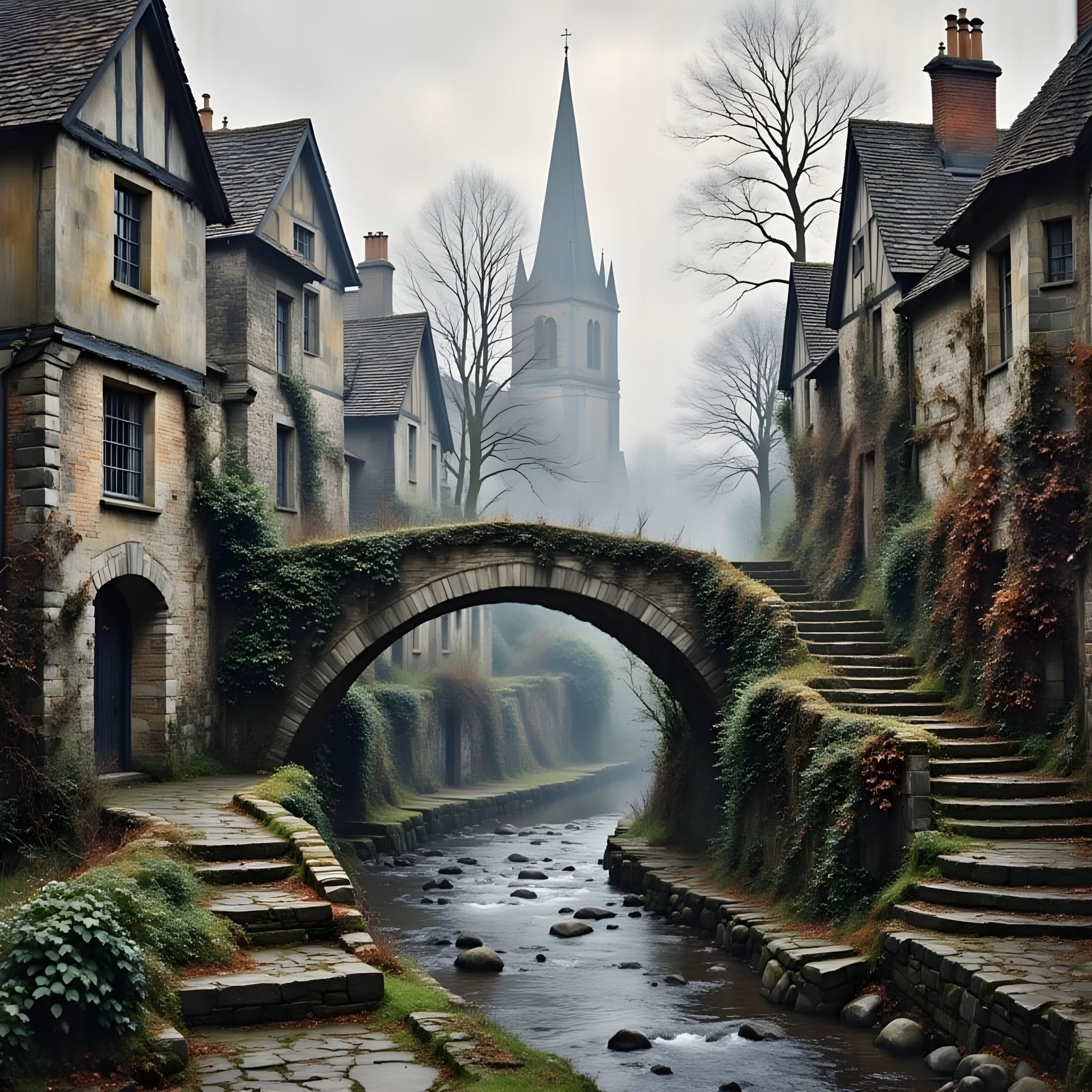 Misty Medieval Town Scene in Impressionist Oil Painting Styl...