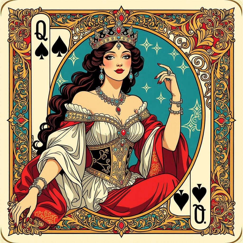Elegant Queen on Playing Card, Art Nouveau Inspired