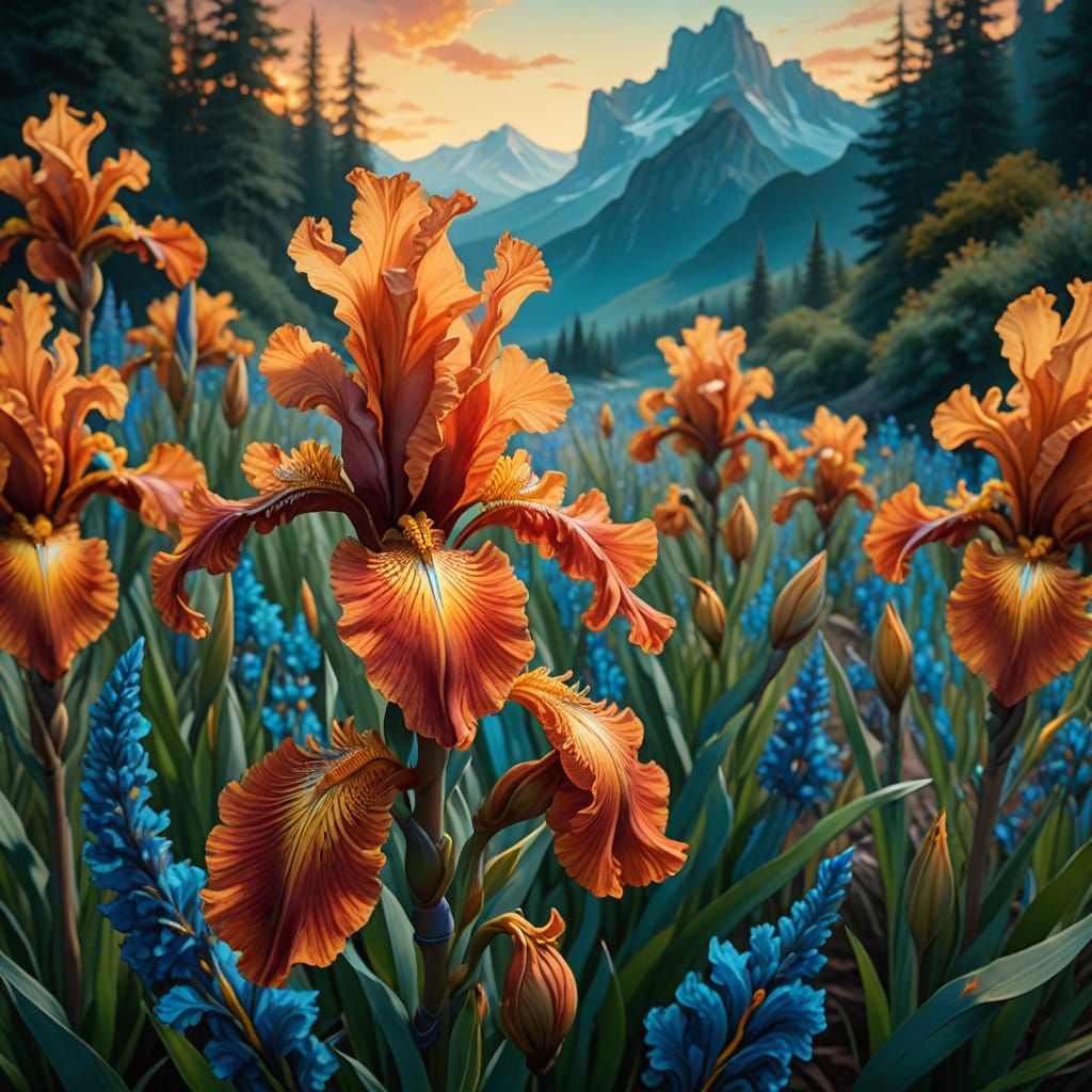 Vibrant Red Bearded Iris in a Lush Fantasy Realm