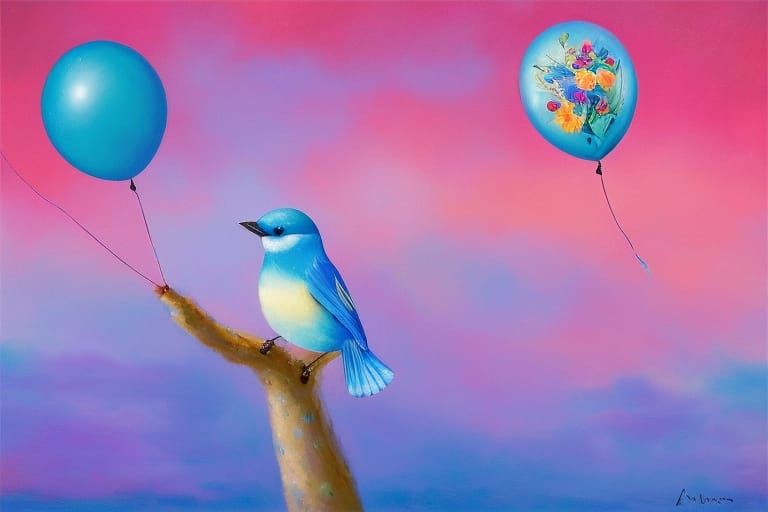 Bluebird with Balloon in Expressionist Desert Landscape