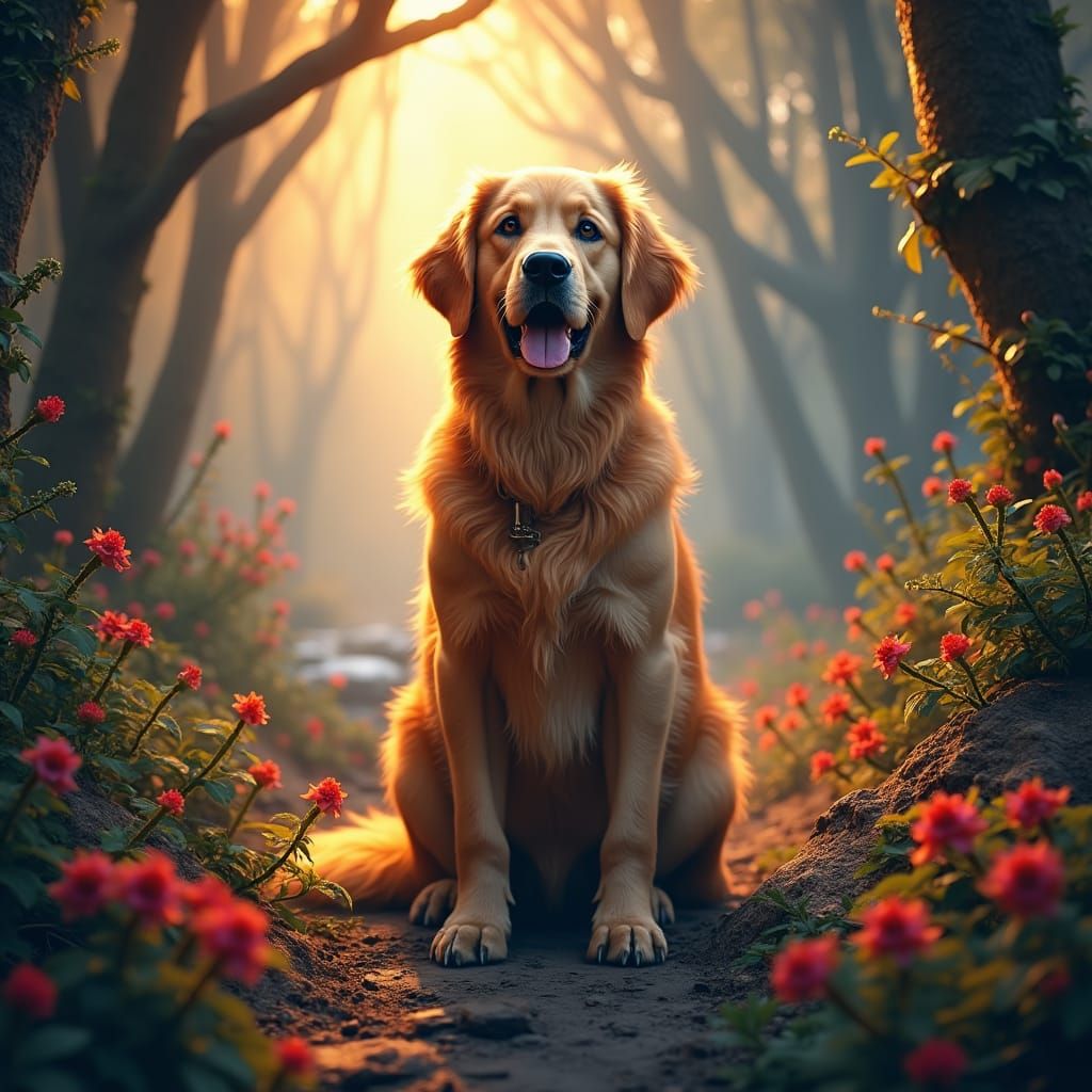 Majestic Golden Retriever in Mystical Dreamscape