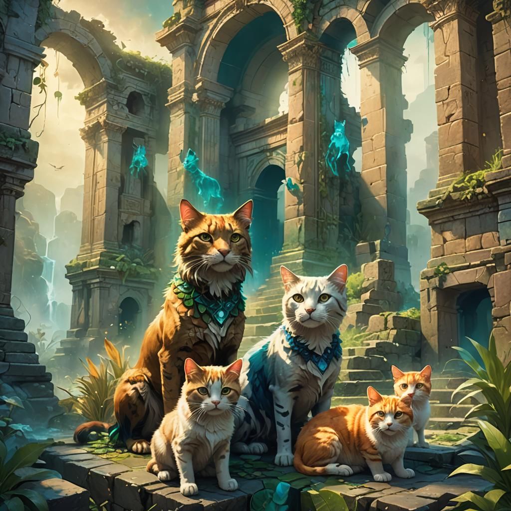 Cat-Dog Hybrids Gather at Ancient Ruins, Fantasy Art
