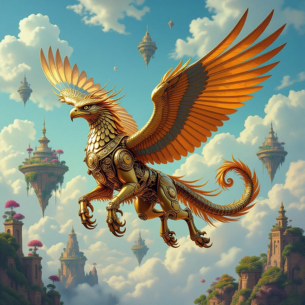 Steampunk Griffin Soaring Through Alien Skies