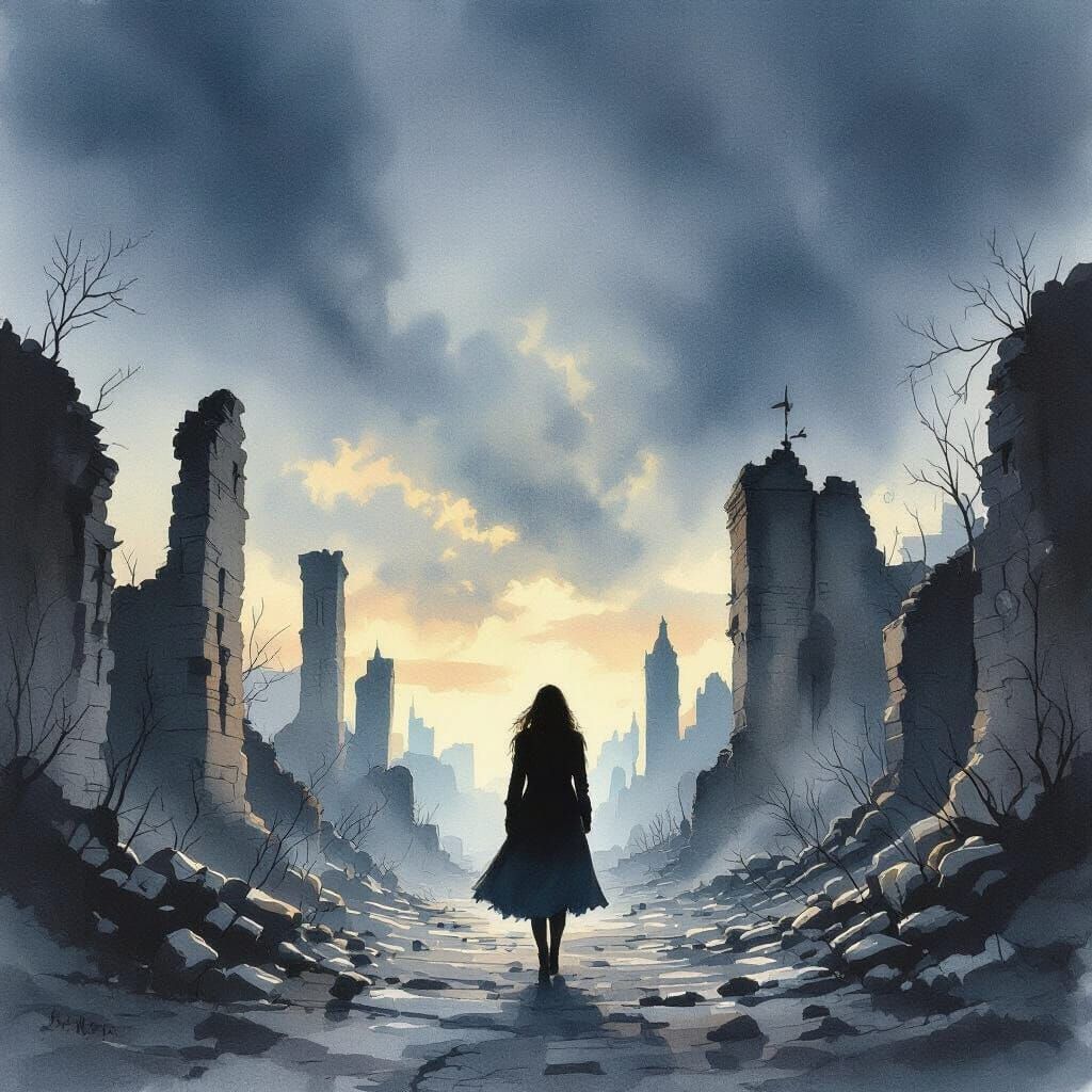 Lone Woman in Ancient Ruins Watercolor Painting