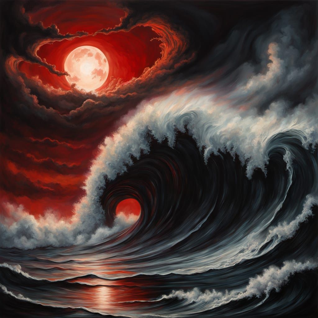 Dark Fantasy Surfboard Rides Turbulent Waves Under Blood-Red...