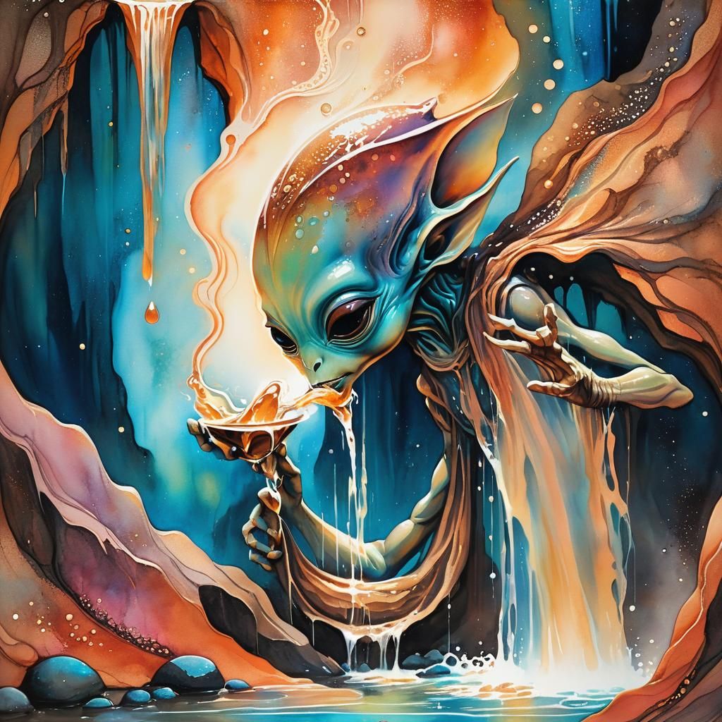 Baby Alien Sipping Waterfall in Surreal Style