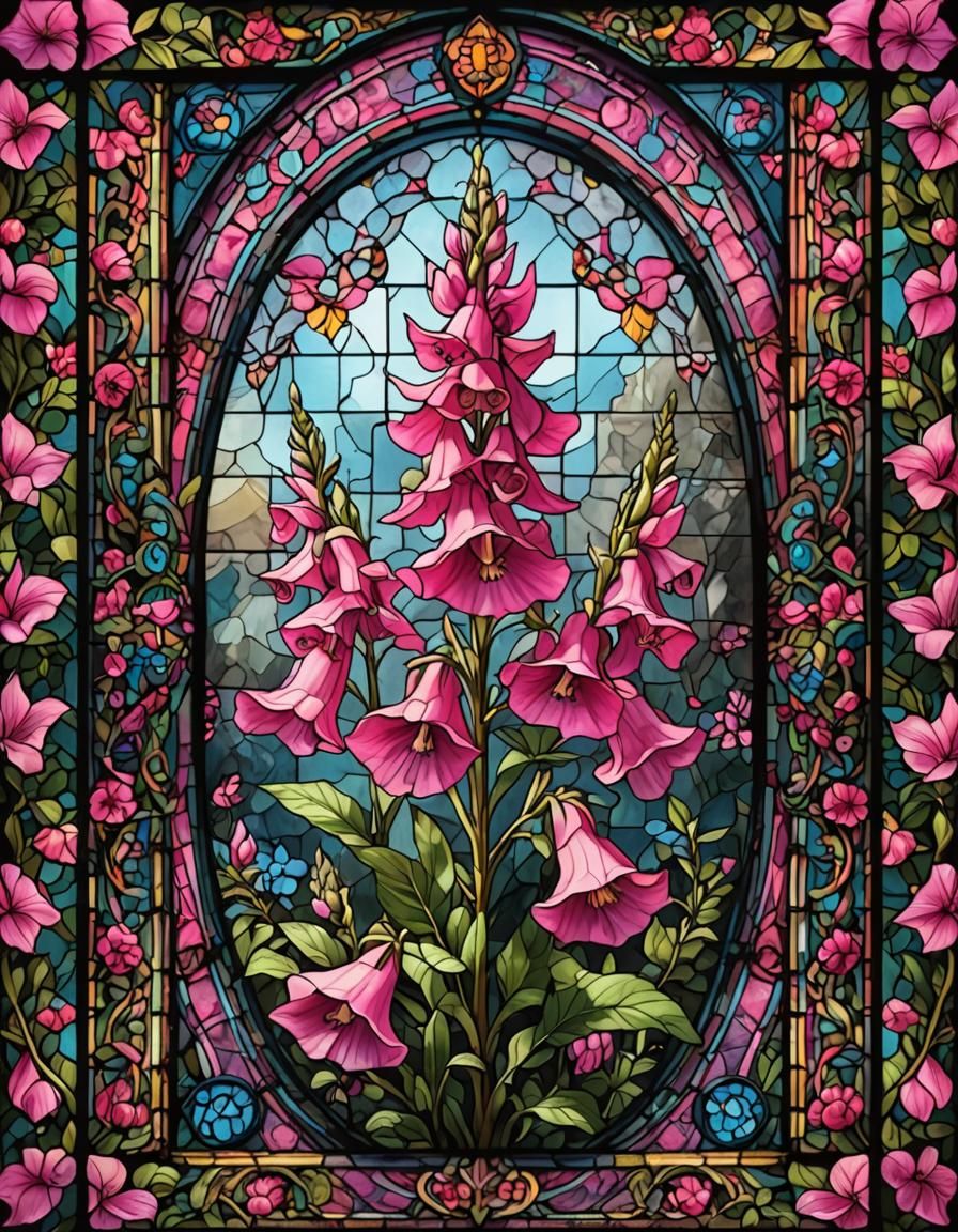 Stained Glass Pink Foxglove Flower: Digital Painting