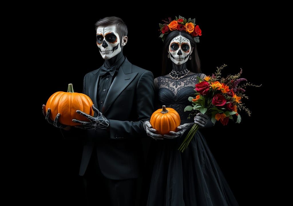 Elegant Halloween Couple in Sugar Skull Makeup