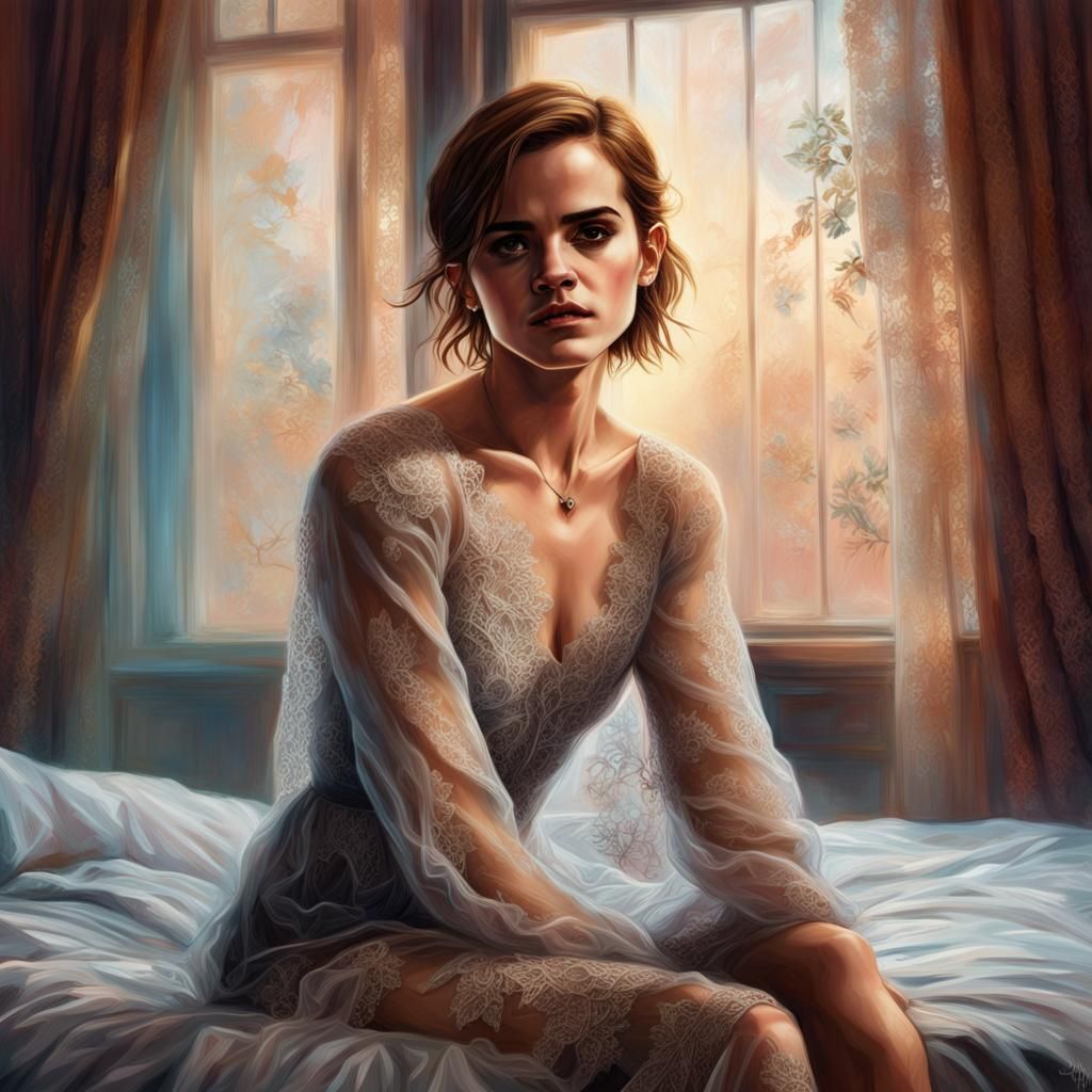 Hyperrealistic Portrait of Woman in Lace on Bed