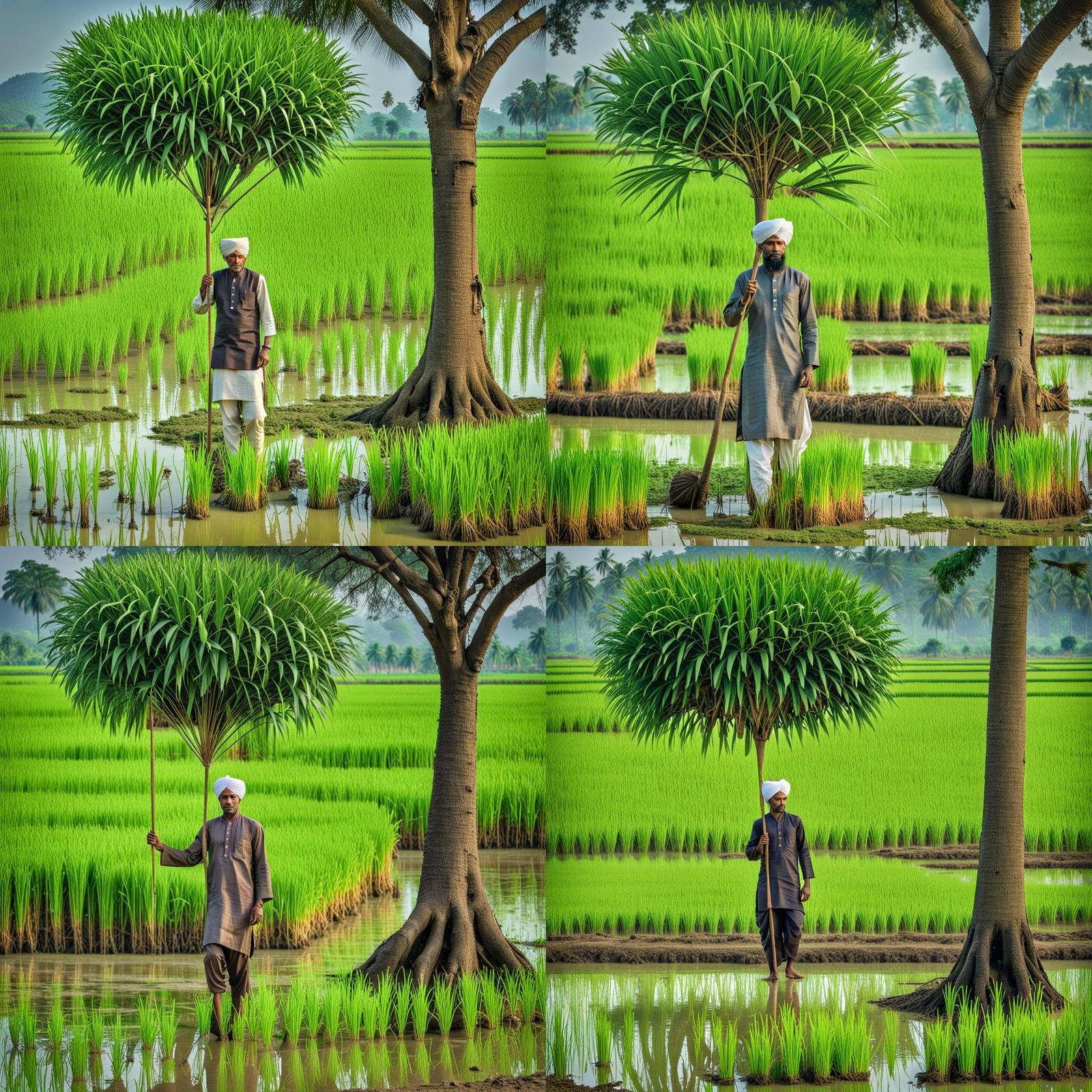 Realistic Farmer Working Alone in Paddy Field
