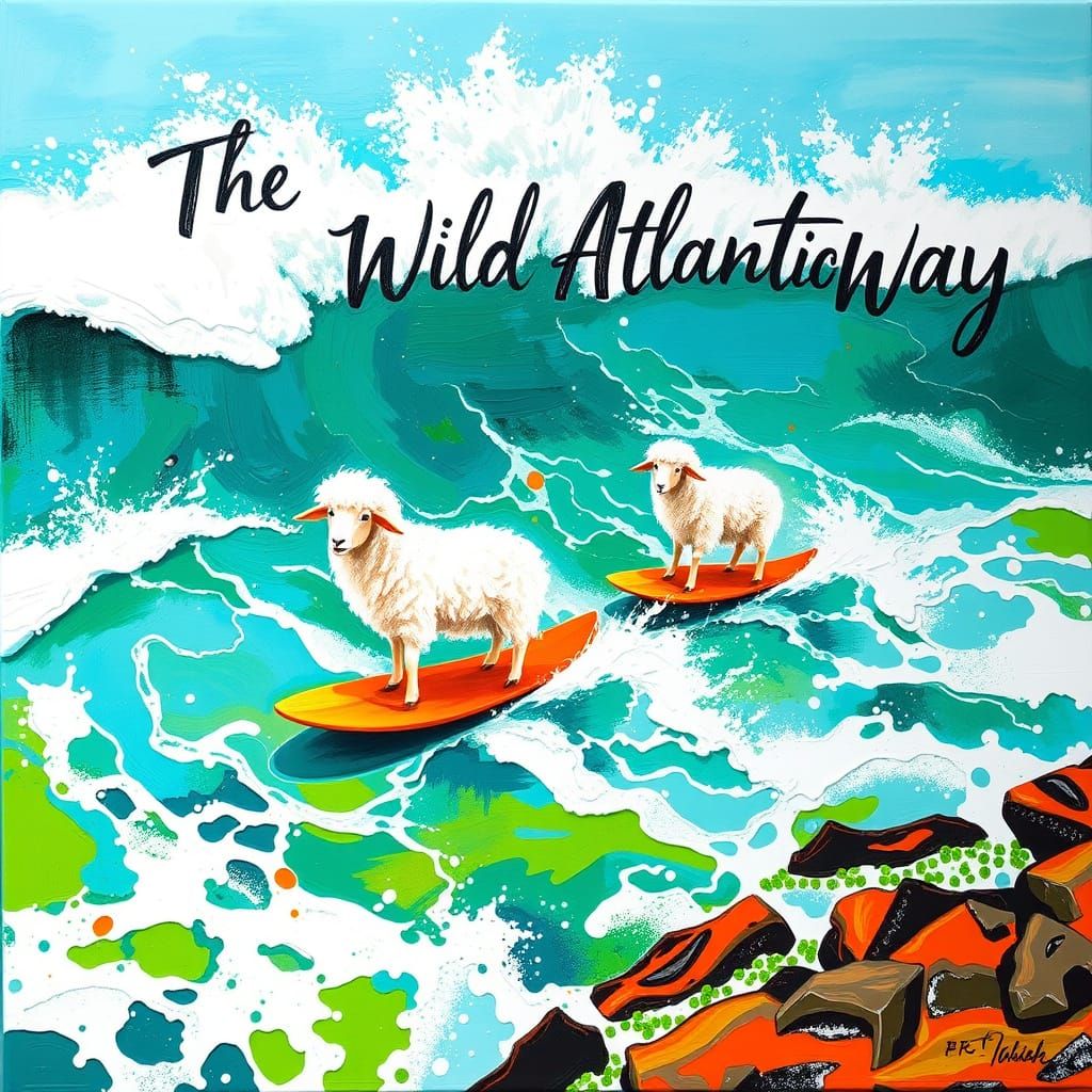 Vibrant Irish Waves with Surfing Sheep in Abstract Acrylic S...