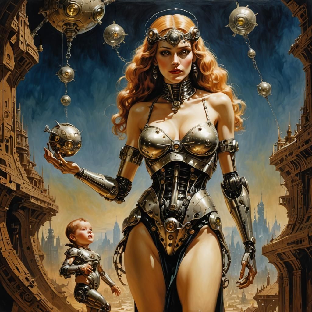 Dieselpunk Mother and Cyborg Baby in Underworld