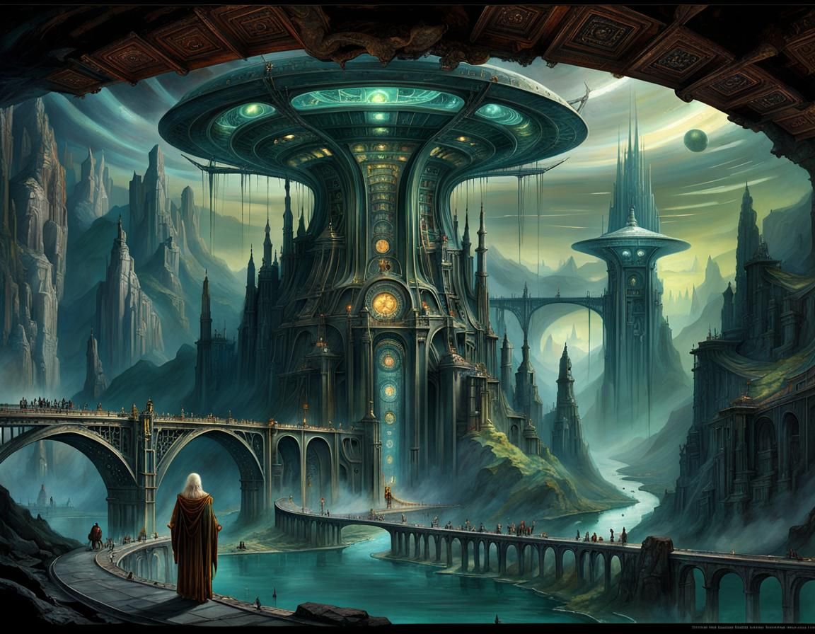 Epic Sci-Fi Bridge at Night: Art Nouveau Rococo Style