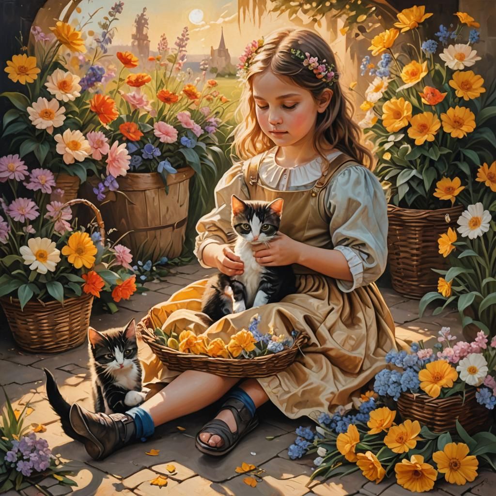 Girl with Kittens: Dutch Golden Age Style Oil Painting