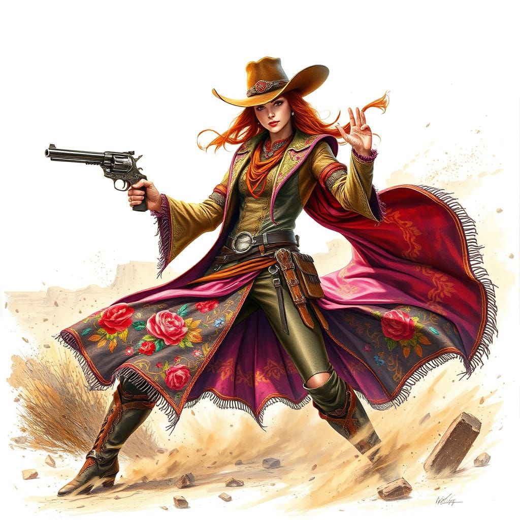 Fantasy Gunslinger in Golden Desert Oasis
