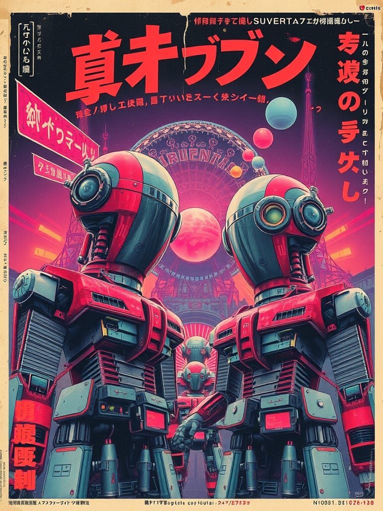 Retro Sci-Fi Poster: Alien Robots and Neon Lights