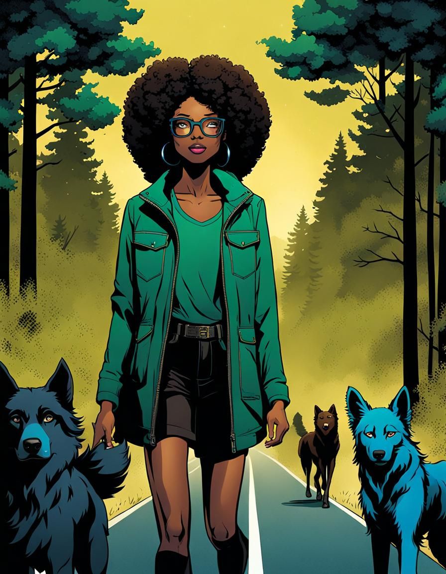 Anime Illustration of a Woman with Wolf Dogs