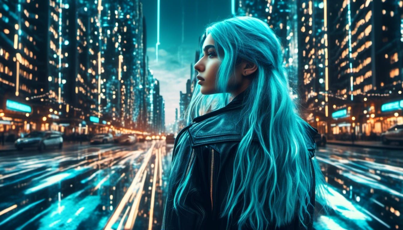 Enchanting Artist Girl in Futuristic Stained Glass