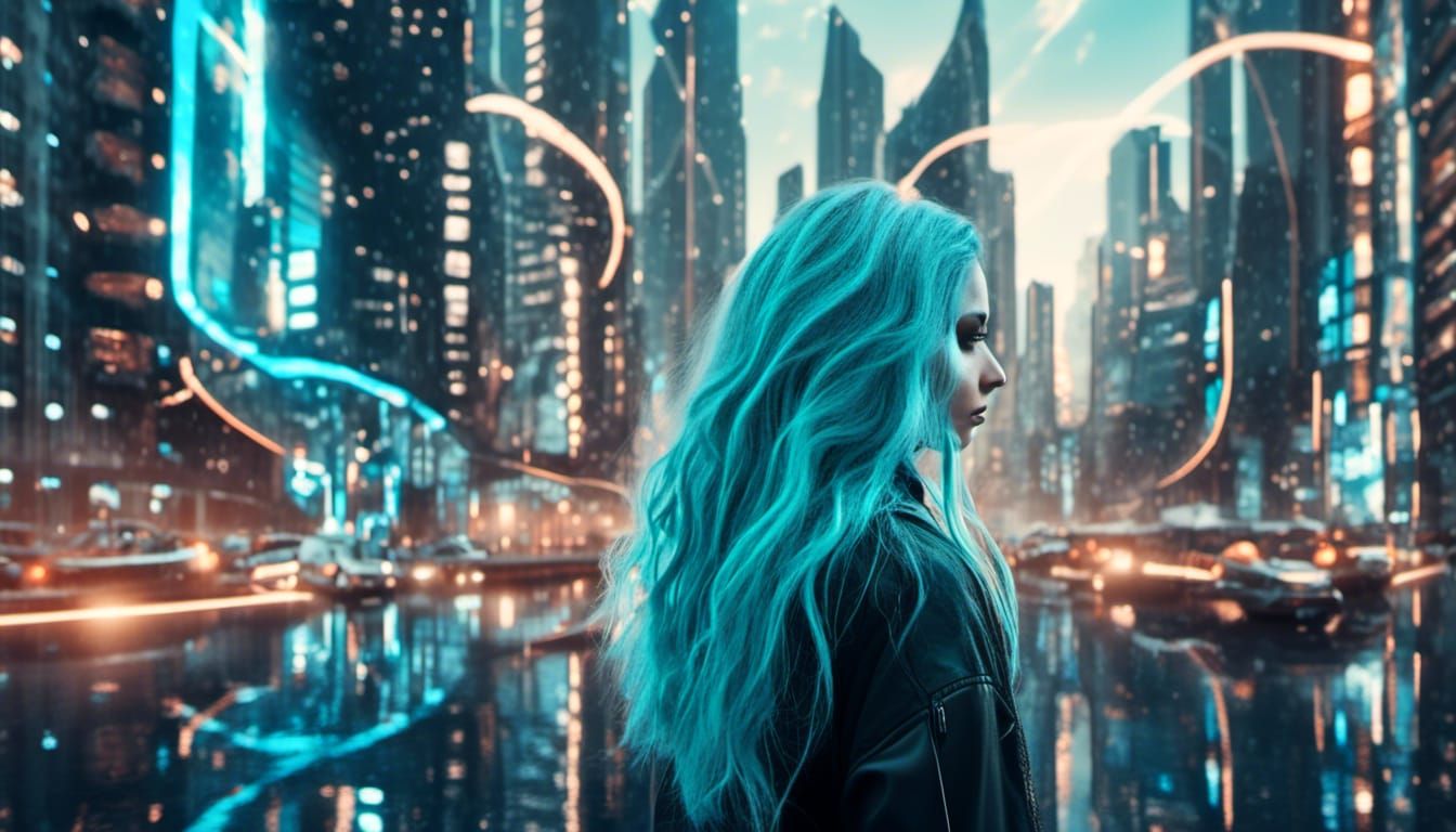 Cyan-Haired Artist Girl in Futuristic Stained Glass City