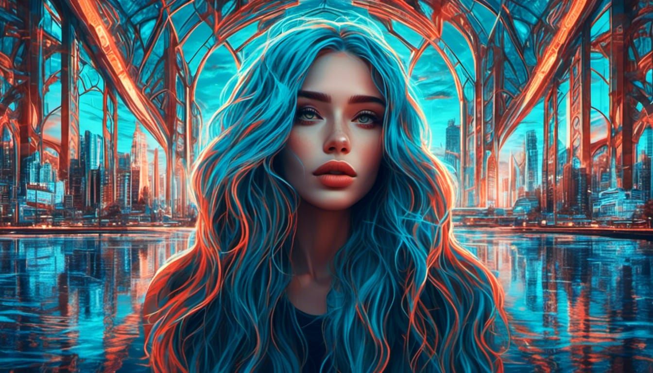 Futuristic Artist Girl in Stained Glass Style