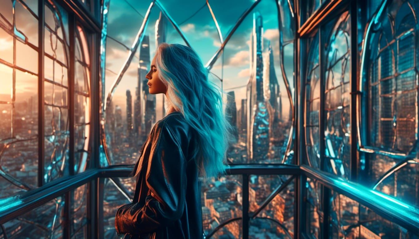 Futuristic Artist Girl in Stained Glass Style