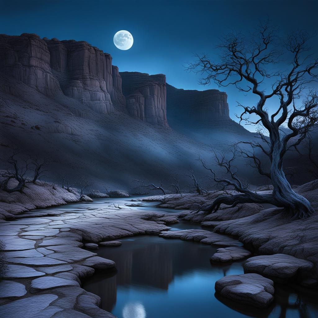 Mystical Moonlit Landscape with Red Accents
