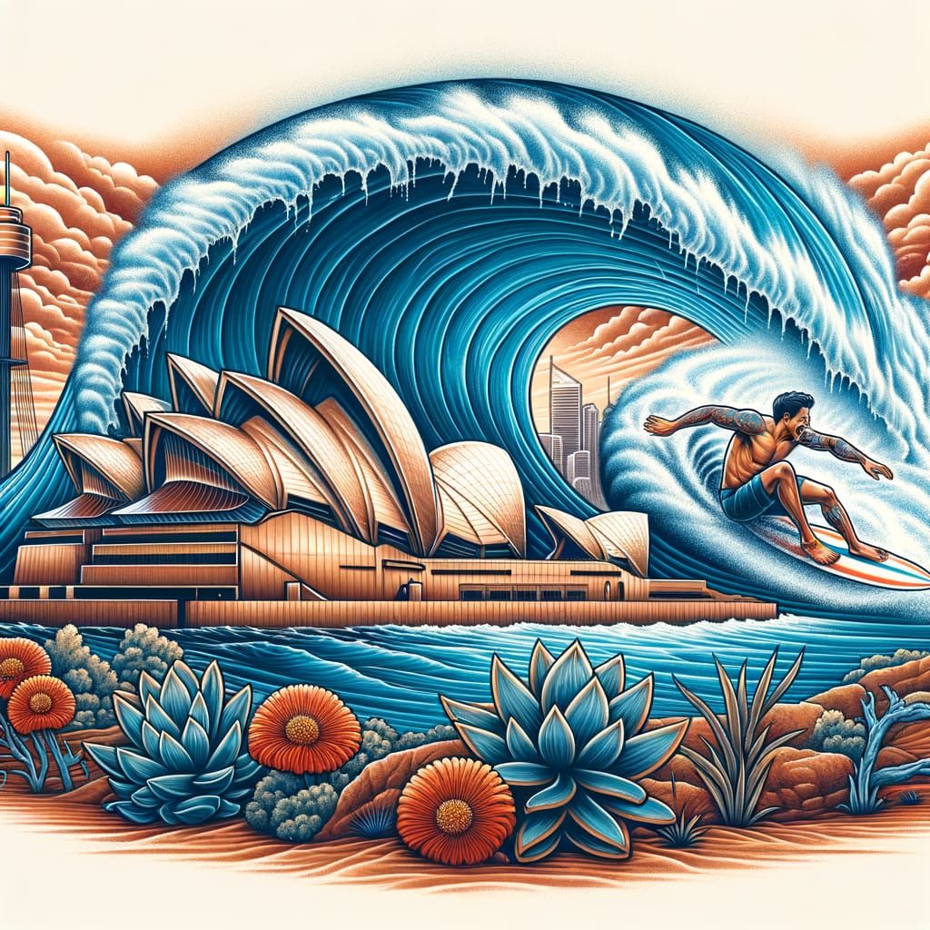 Sydney Opera House Tattoo with Surfer in Outback Setting