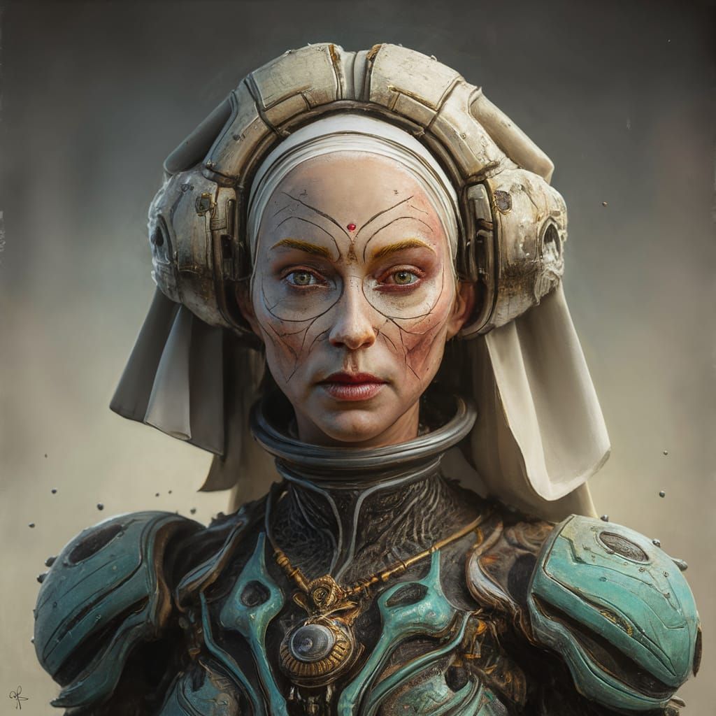 Space Nun Caricature in Alcohol Ink Style