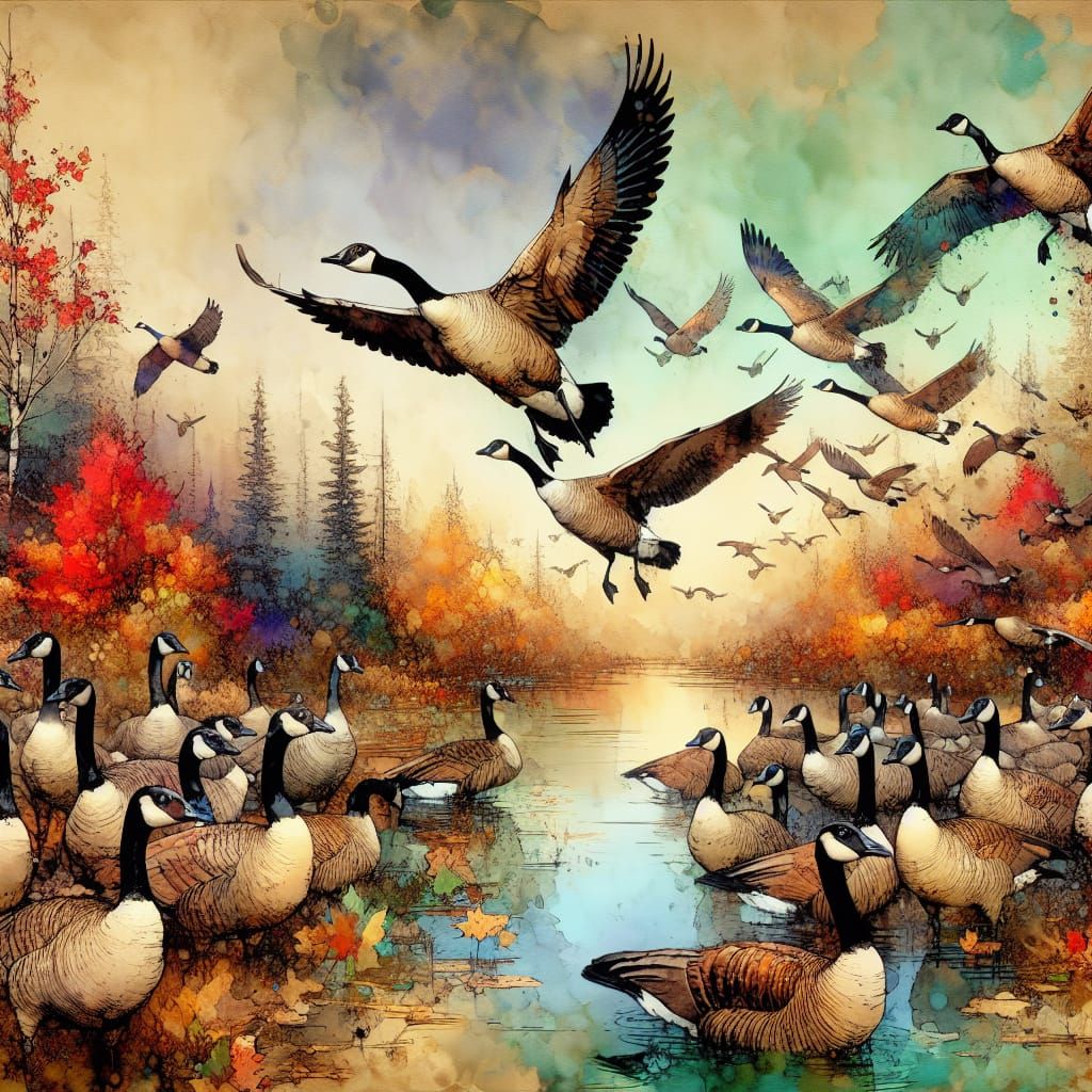 Canada Geese Autumn Migration: Hyperrealistic Watercolor Pai...