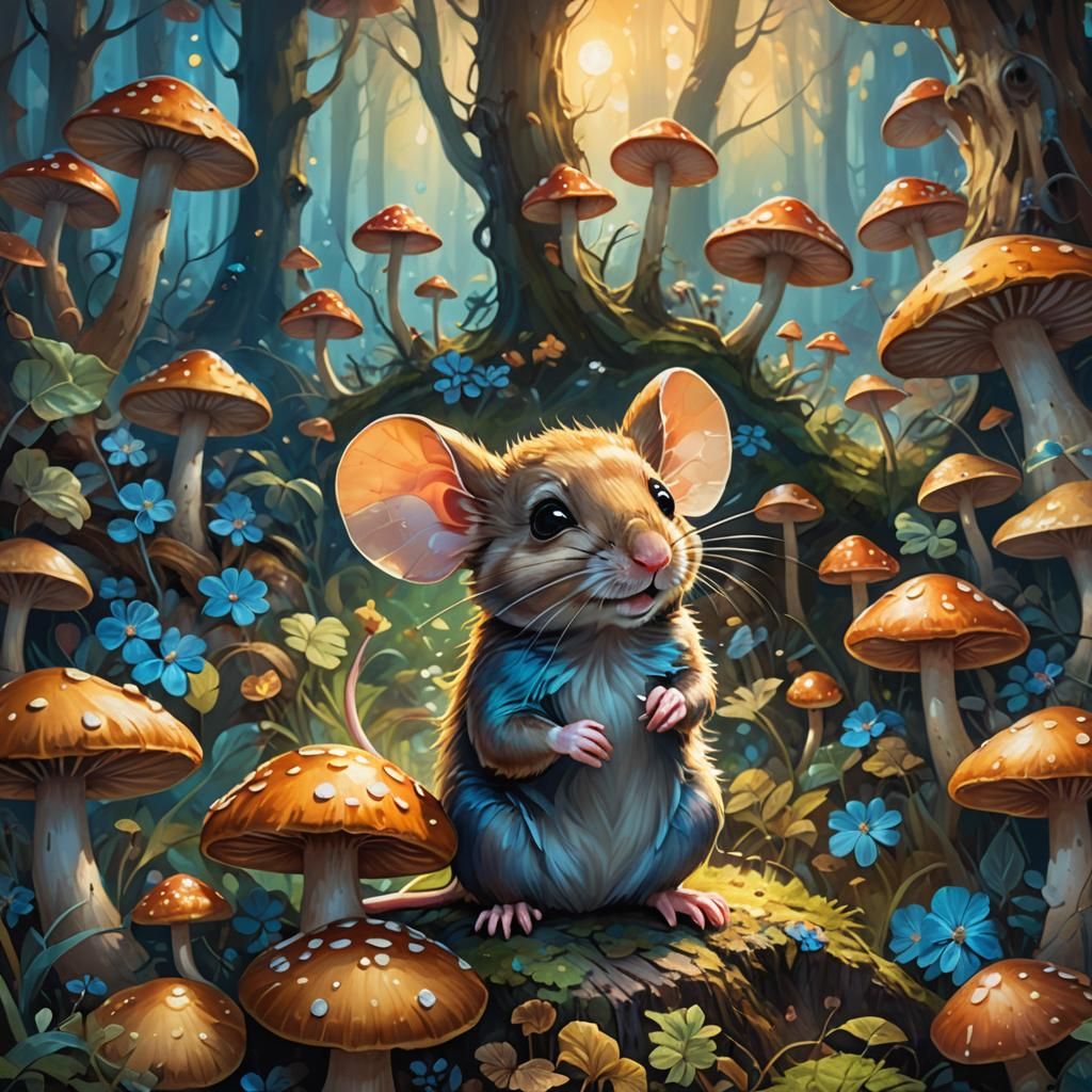 Cute Mouse in Mushroom Forest: Fantasy Oil Painting