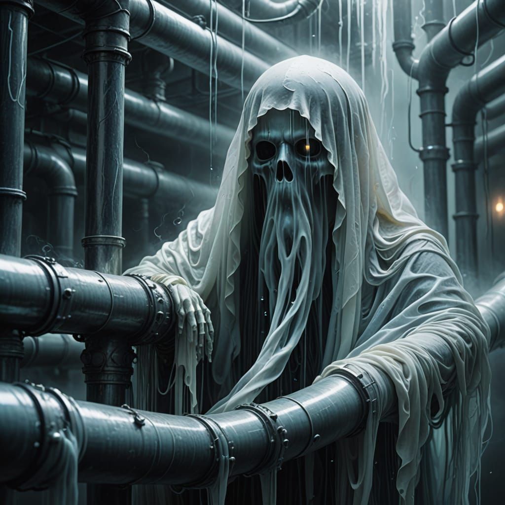 Ethereal Wraith Clings to Pipes in Digital Art