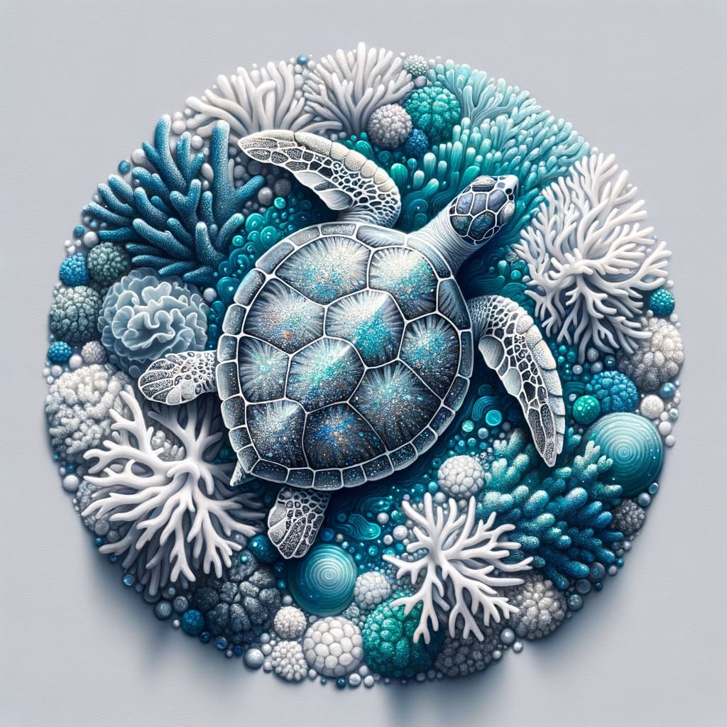 Gentle Turtle Surfaces Coral Reef in Sparkly Art