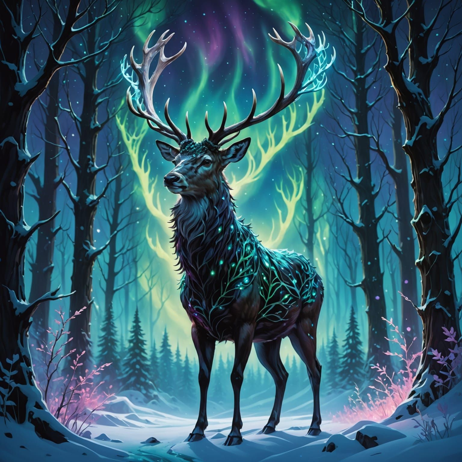 Majestic Stag in Ethereal Aurora Forest